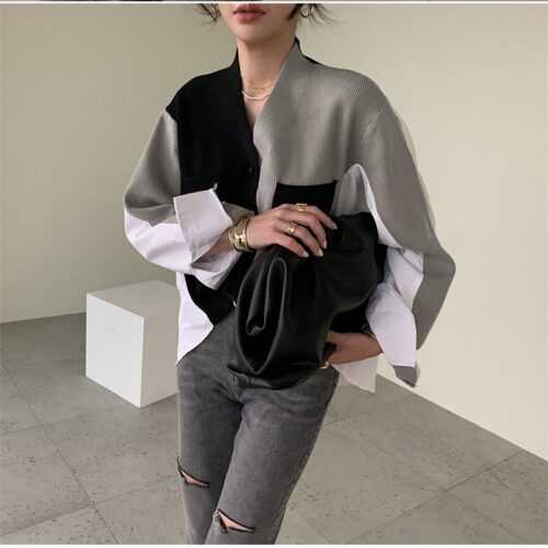Spring / Autumn Korean V-Neck Long Sleeves Patchwork Hit Color Blouse - Image 3