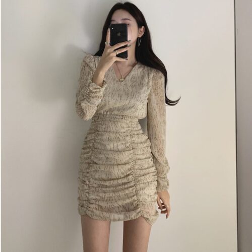 V-Neck Long Sleeves Chiffon Pleated Floral Print Mini Dress