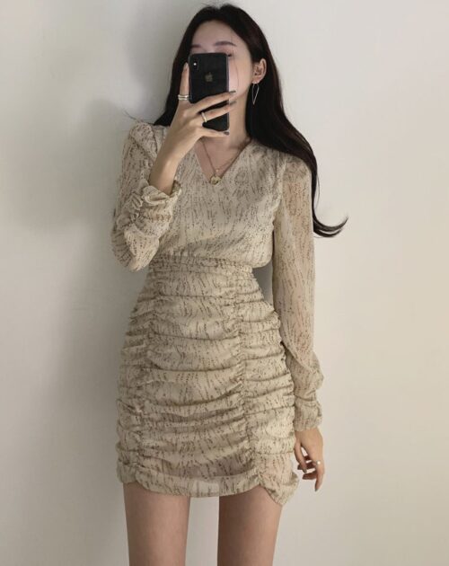 V-Neck Long Sleeves Chiffon Pleated Floral Print Mini Dress