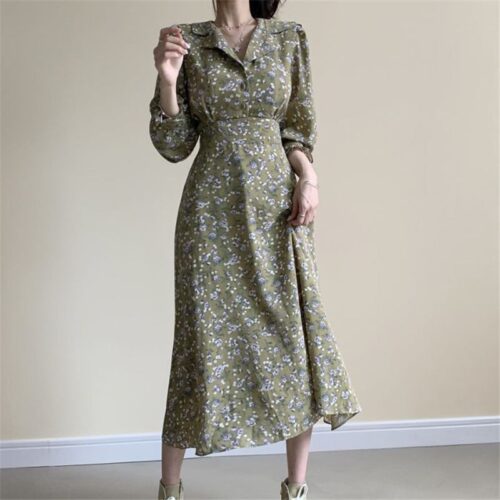 Autumn Notched Collar Long Sleeves Waist-Controlled Floral Print Midi Dress - Image 2