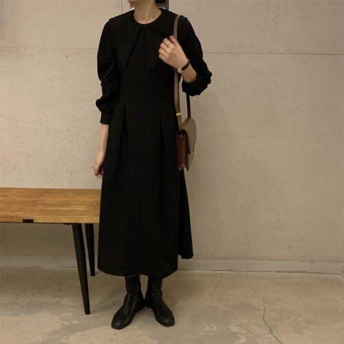 Autumn Big Lapel Collar Long Lantern Sleeves Solid Loose Midi Dress - Image 4