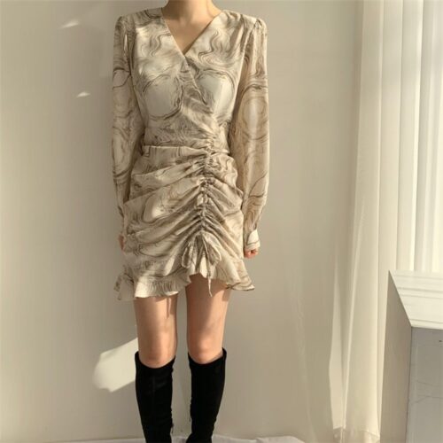 Autumn V-Neck Long Sleeves Chiffon Drawstrings Abstract Print Mini Dress - Image 2