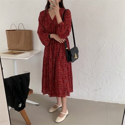 Lantern Sleeves Waist-Controlled Floral Print Midi Dress