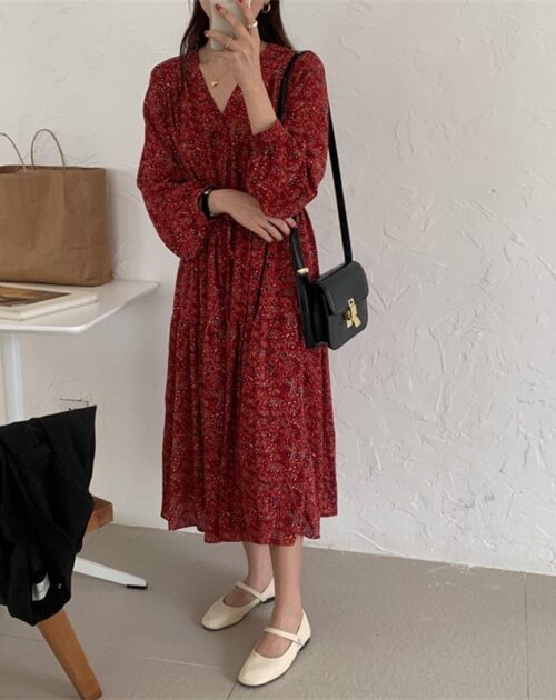 Lantern Sleeves Waist-Controlled Floral Print Midi Dress