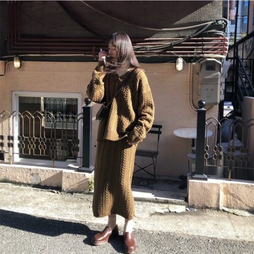 Autumn / Winter V-Neck Loose Jumper and Elastic Solid Midi Skirt - Image 6
