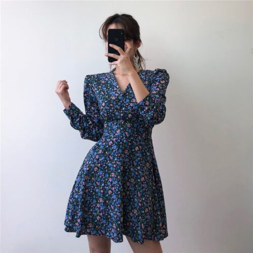 V-Neck Long Sleeves Floral Print Mini Dress