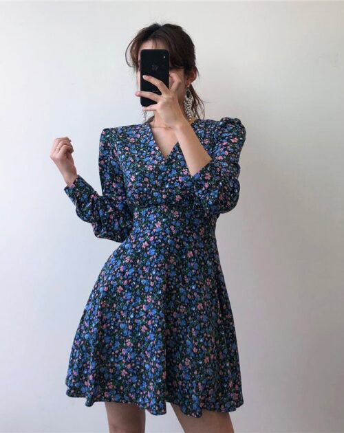 V-Neck Long Sleeves Floral Print Mini Dress