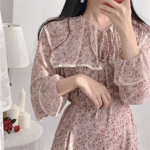 Autumn Puritan Collar Long Sleeves Chiffon Floral Print Lace-Up Slim Midi Dress - Image 3