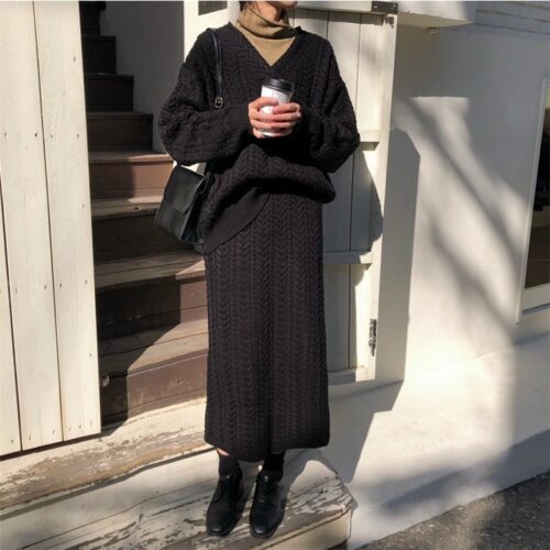 Autumn / Winter V-Neck Loose Jumper and Elastic Solid Midi Skirt - Image 3