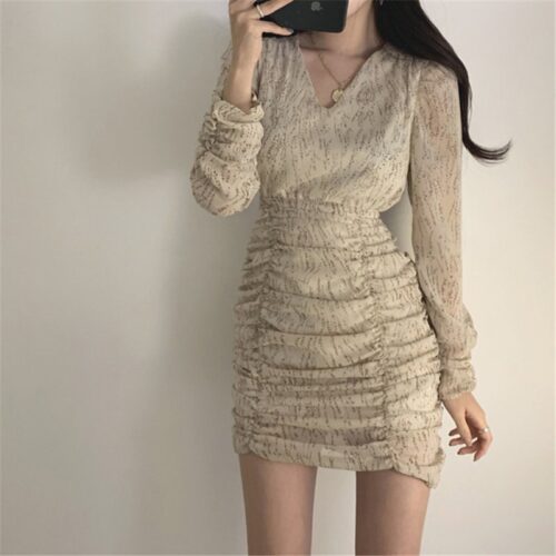 Autumn V-Neck Long Sleeves Chiffon Pleated Floral Print Mini Dress - Image 2