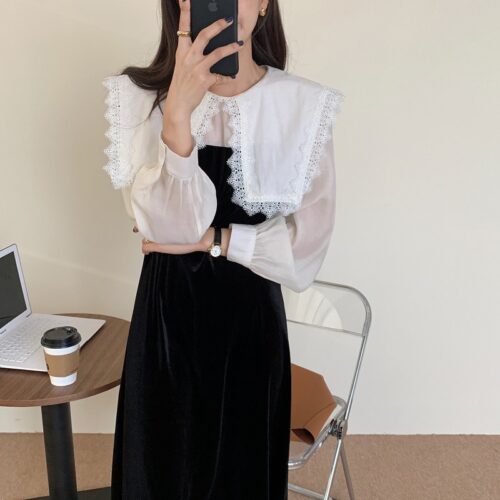 Puritan Lace Collar Long Sleeves Velvet Patchwork Midi Dress