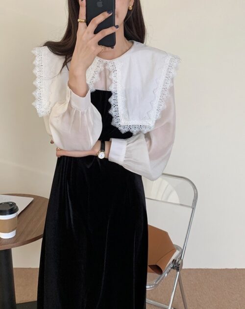 Puritan Lace Collar Long Sleeves Velvet Patchwork Midi Dress