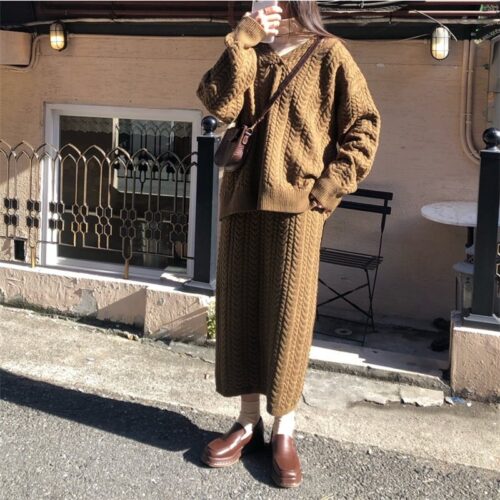 Autumn / Winter V-Neck Loose Jumper and Elastic Solid Midi Skirt - Image 4