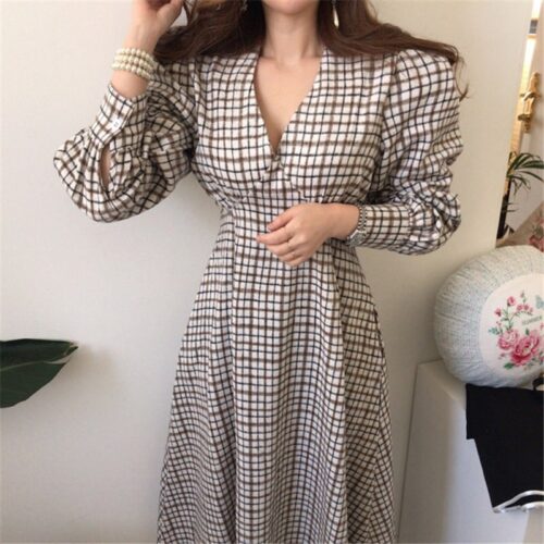 Autumn V-Neck Puff Sleeves Slim Plaid Midi Dress - Image 3