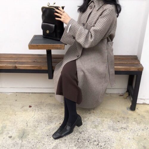 Winter Notched Collar Pockets Buttons Houndstooth Woolen Overcoat - Image 5