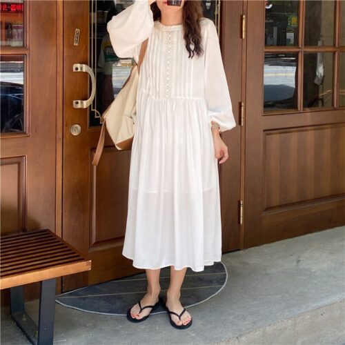Autumn O-Neck Lantern Sleeves Loose Lace Solid Dress - Image 6