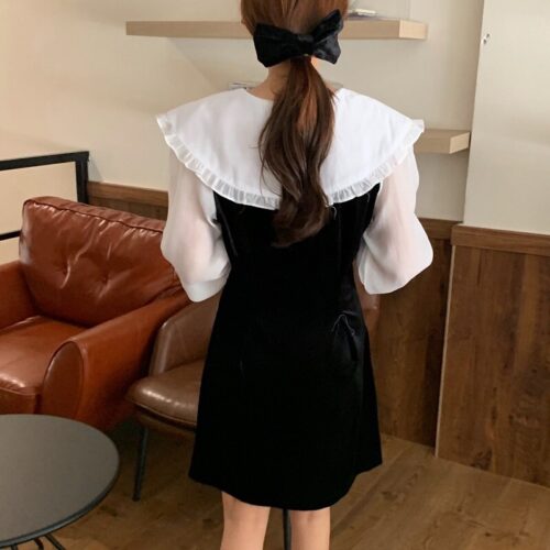 Autumn / Winter Pilgrim Collar Long Sleeves Velvet Stitching Dress - Image 2