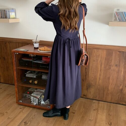 Autumn V-neck Long Sleeves Pleated Waist-Controlled Solid Loose Dress - Image 4