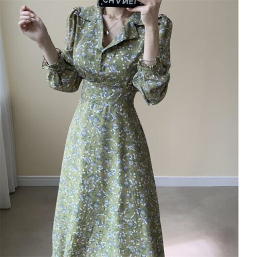 Autumn Notched Collar Long Sleeves Waist-Controlled Floral Print Midi Dress - Image 4