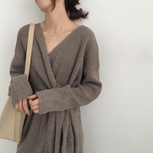 Winter Korean V-Neck Long Sleeves Knitted Dress - Image 4