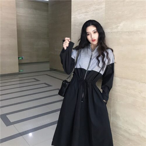 Spring / Autumn Mandarin Collar Long Sleeves Waist-Controlled Patchwork Zipper Midi Dress - Image 4