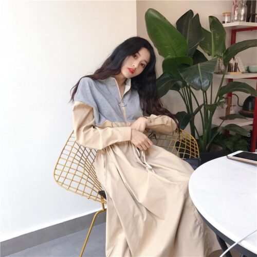 Mandarin Collar Long Sleeves Waist-Controlled Patchwork Zipper Midi Dress