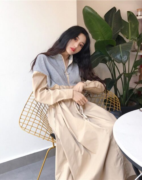 Mandarin Collar Long Sleeves Waist-Controlled Patchwork Zipper Midi Dress