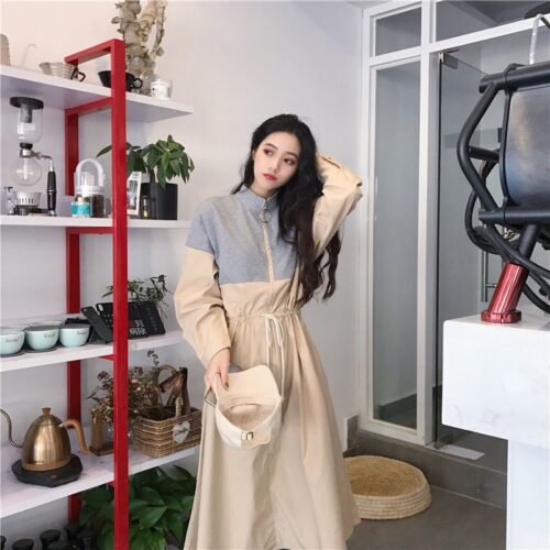 Spring / Autumn Mandarin Collar Long Sleeves Waist-Controlled Patchwork Zipper Midi Dress - Image 2
