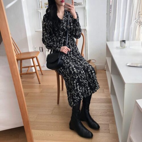 Autumn Korean V-Neck Long Sleeves Chiffon Floral Print Midi Dress - Image 3