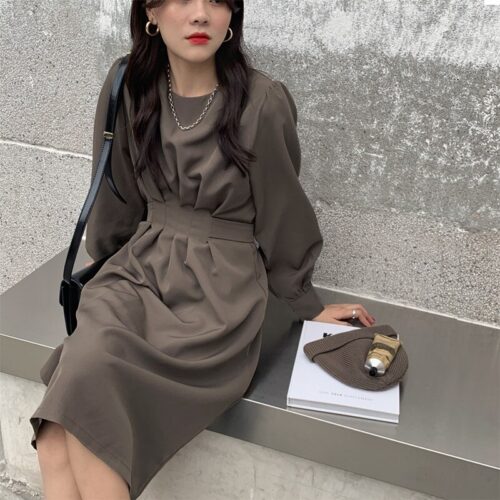 Autumn Korean O-Neck Long Sleeves Dark Solid Midi Dress - Image 3