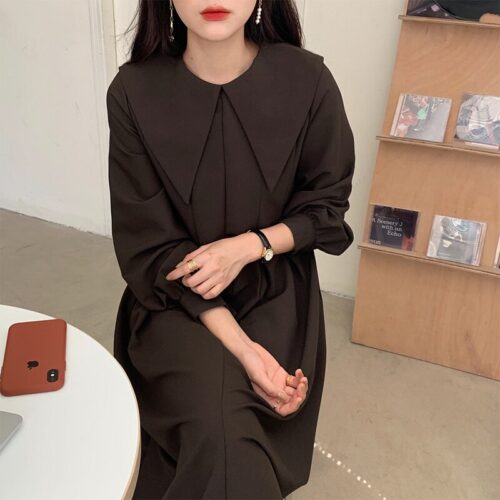Autumn Big Lapel Collar Long Lantern Sleeves Solid Loose Midi Dress - Image 5