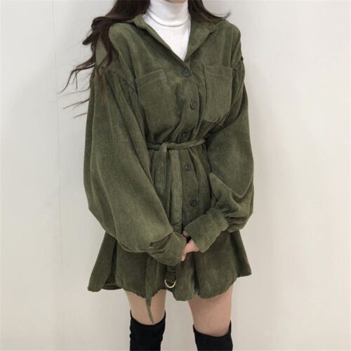 Turn-Down Collar Long Sleeves Corduroy Solid Mini Dress