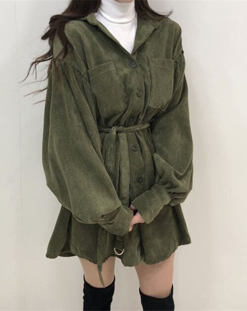 Turn-Down Collar Long Sleeves Corduroy Solid Mini Dress