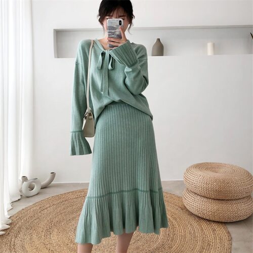 V-Neck Flare Sleeves Jumper and A-Line Midi Skirt