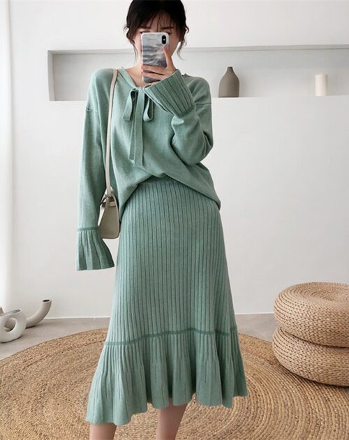 V-Neck Flare Sleeves Jumper and A-Line Midi Skirt