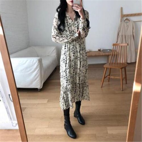 Autumn Korean V-Neck Long Sleeves Chiffon Floral Print Midi Dress - Image 4