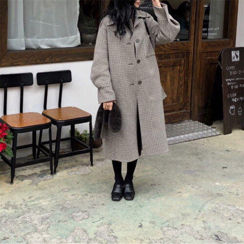 Winter Notched Collar Pockets Buttons Houndstooth Woolen Overcoat - Image 3