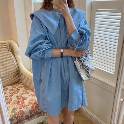 Big Lapel Collar Long Sleeves Drawstrings Solid Mini Dress