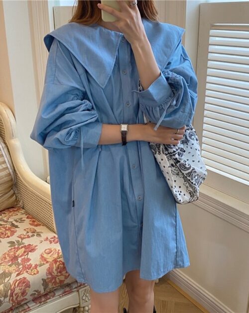 Big Lapel Collar Long Sleeves Drawstrings Solid Mini Dress