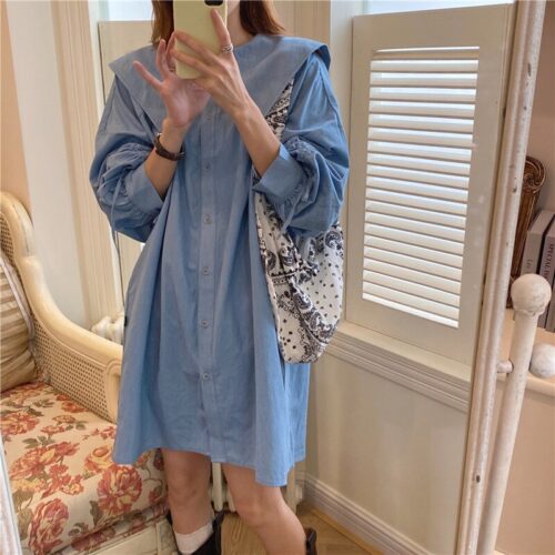 Autumn Korean Big Lapel Collar Long Sleeves Drawstrings Solid Mini Dress - Image 5