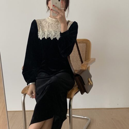 Korean O-Neck Long Sleeves Lace Patchwork Midi Dress
