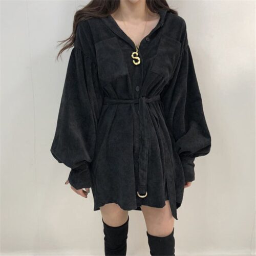 Autumn / Winter Turn-Down Collar Long Sleeves Corduroy Solid Mini Dress - Image 3