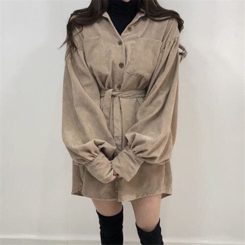 Autumn / Winter Turn-Down Collar Long Sleeves Corduroy Solid Mini Dress - Image 4