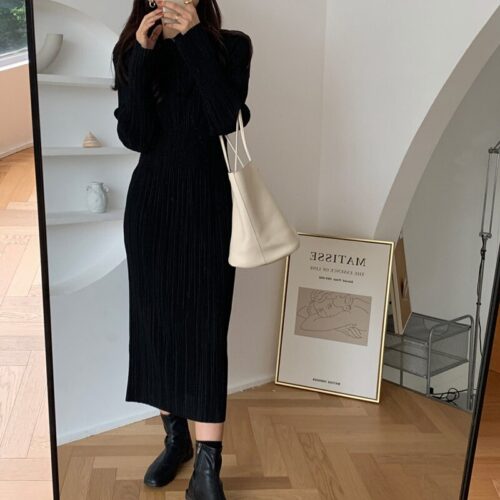 Autumn O-Neck Long Sleeves Pleated Black Midi Dress - Image 5