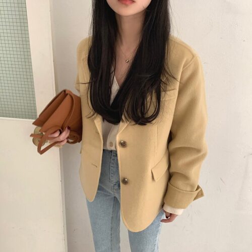 Winter Korean Notched Collar Solid Woolen Short Coat
