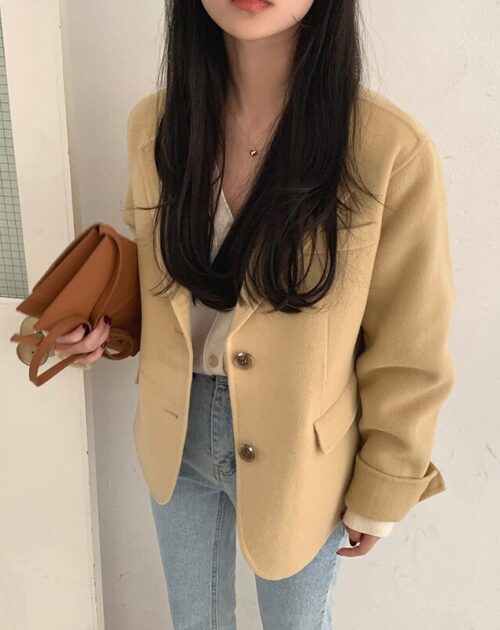 Winter Korean Notched Collar Solid Woolen Short Coat