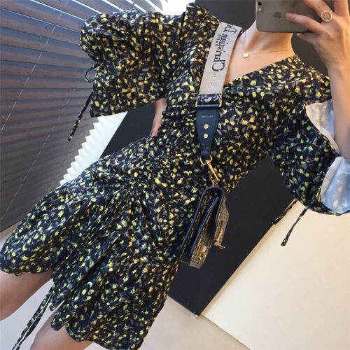 Autumn V-Neck Flare Sleeves Drawstrings Floral Print Mini Dress - Image 5
