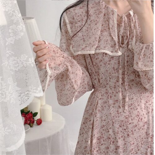 Autumn Puritan Collar Long Sleeves Chiffon Floral Print Lace-Up Slim Midi Dress - Image 4