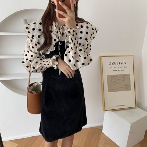 Autumn / Winter Pilgrim Collar Long Sleeves Velvet Stitching Dress - Image 3