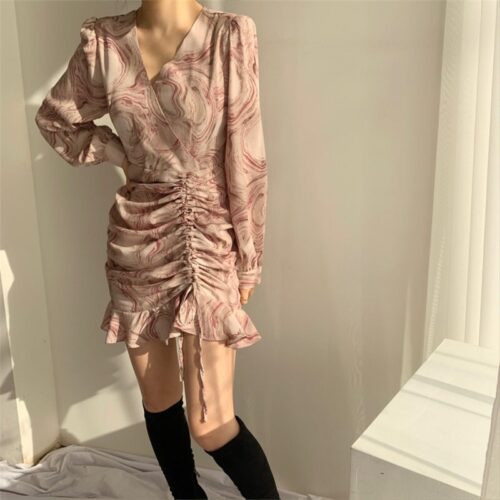 Autumn V-Neck Long Sleeves Chiffon Drawstrings Abstract Print Mini Dress - Image 5
